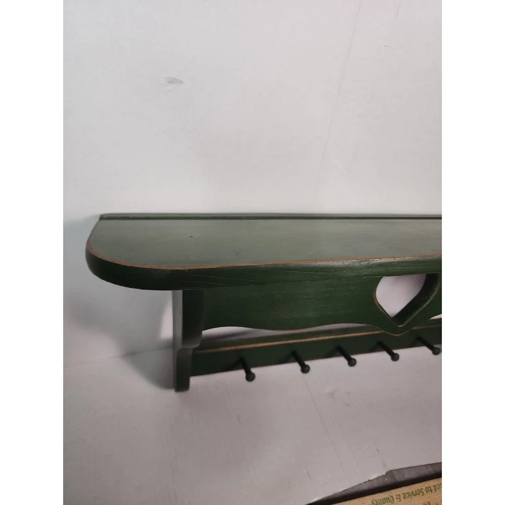 Vintage Green Wood Heart Shelf Five Hooks Cottage Country Distressed 23